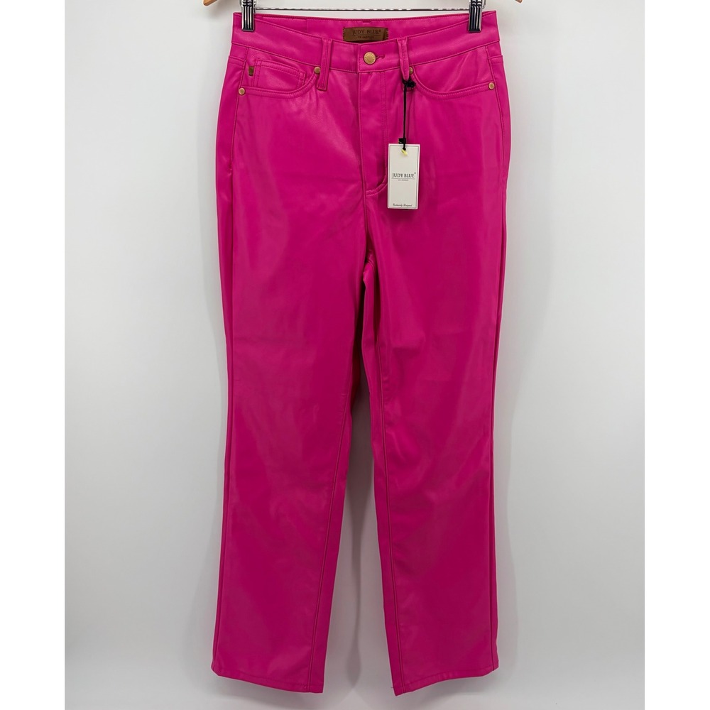Judy Blue Faux Leather Straight Leg Pants Hot Pink Tummy Control Womens 5/27 NEW